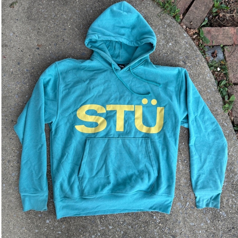 Stussy STÜSSY Graphic Pullover Hoodie Teal Blue Yellow Large Streetwear Sweat
